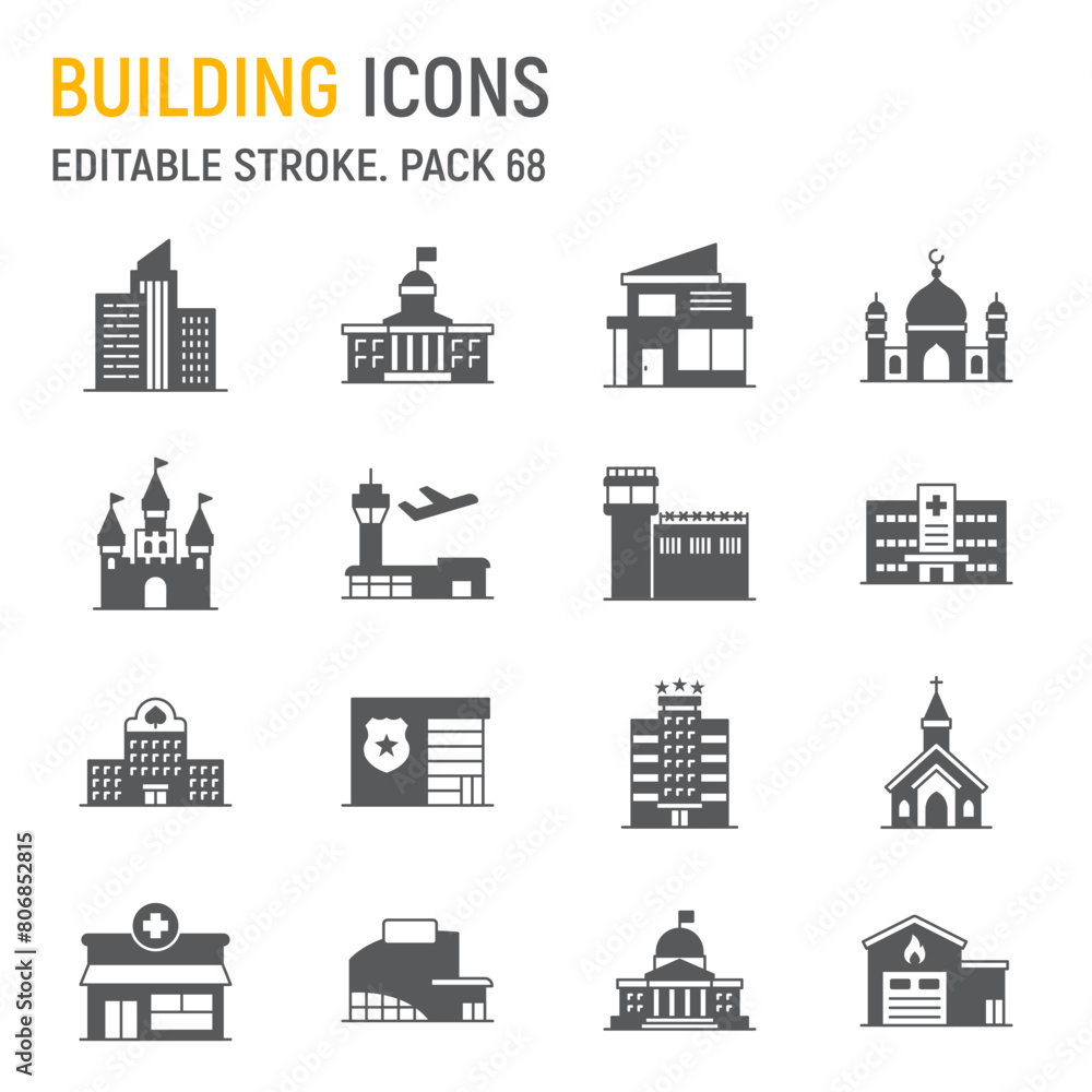Building glyph icon set, architecture collection, vector graphics, logo illustrations, town buildings vector icons, city buildings signs, solid pictograms, editable stroke Building glyph icon set, architecture collection, vector graphics, logo illustrations, town buildings vector icons, city buildings signs, solid pictograms, editable stroke