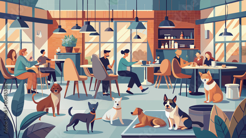 Modern Pet-Friendly Cafe with Diverse People and Dogs Relaxing Pet friendly photo