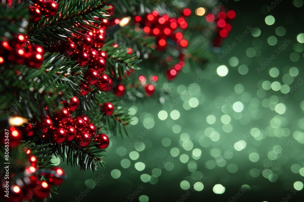 Festive christmas and new year decoration elements on green background with empty space Festive christmas and new year decoration elements on green background with empty space