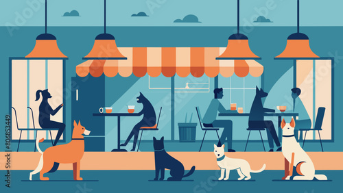 Modern Pet-Friendly Cafe Scene With Customers and Dogs Pet friendly