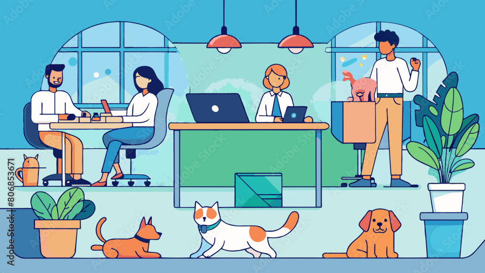 Vibrant Co-Working Space with Diverse Team and Pets. Pet friendly