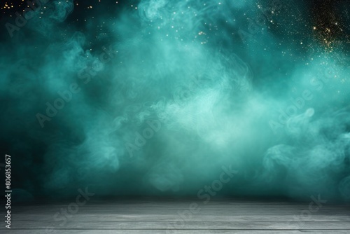 Turquoise smoke empty scene background with spotlights mist fog with gold glitter sparkle stage studio interior texture for display products blank 