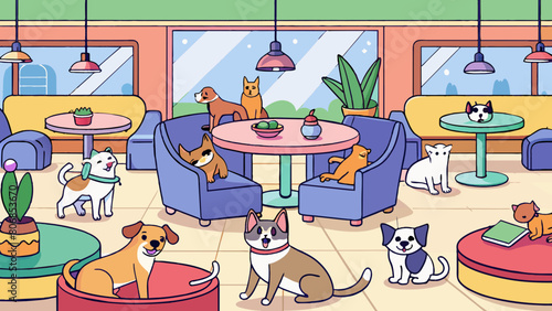 Cheerful Cartoon Pet Cafe Scene with Dogs and Cats Socializing. Pet friendly