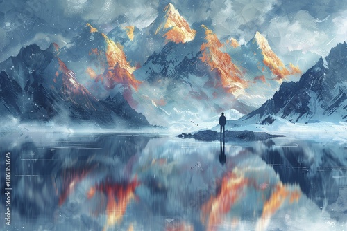 A surreal discussion unfolds as mountains lament their melting glaciers in a minimalist front portrait illustration on climate change.