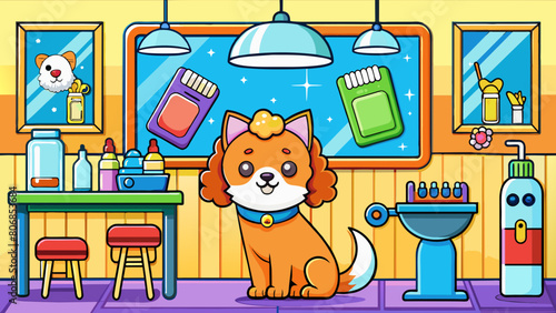 Cartoon Pet Grooming Salon with Adorable Dog Getting Pampered. Pet friendly