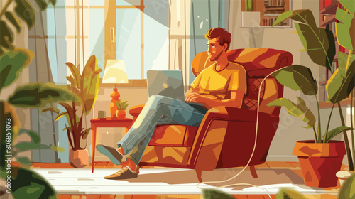 Young man using laptop in wooden armchair at home vector