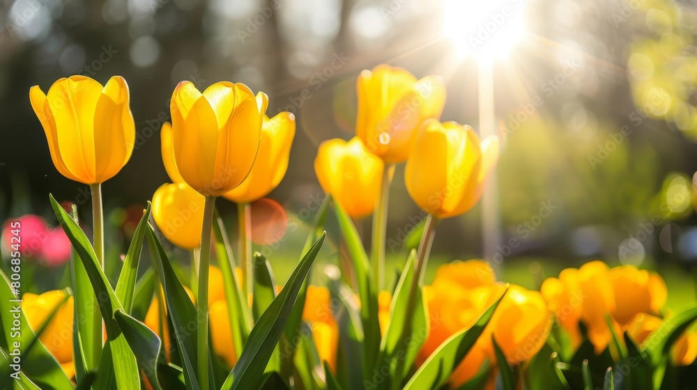 Obraz premium A sunlit expanse of yellow tulips, framed by trees that filter sunlight