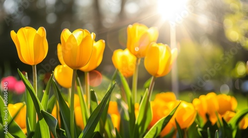   A sunlit expanse of yellow tulips  framed by trees that filter sunlight