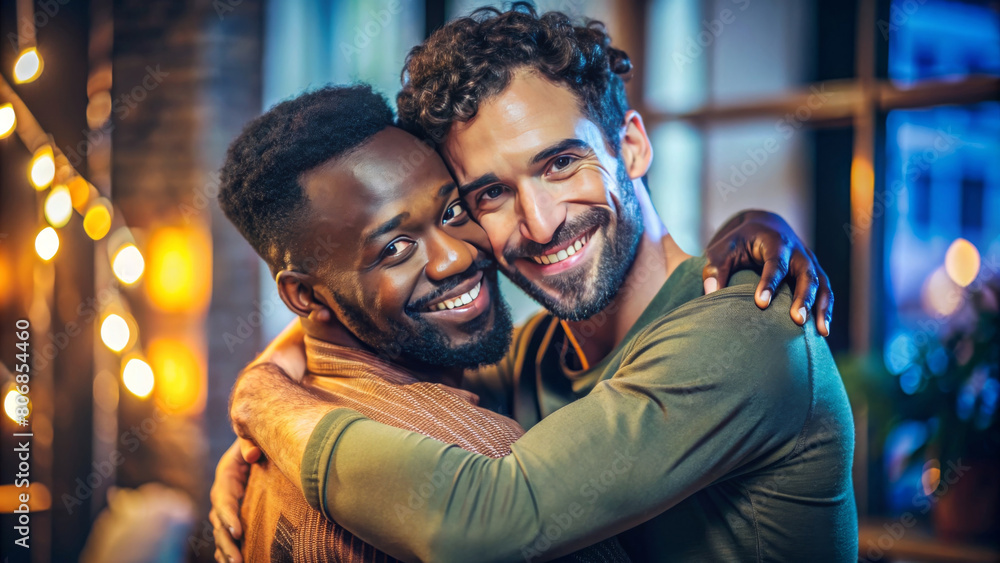 Happy young gay lgbtq couple in love cuddling and smiling together at home. Two stylish diverse pretty man hugging and bonding. LGBT relationship lifestyle concept