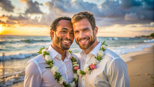 Happy Gay Couple lgbt together at ceremony for celebration wedding on hawaii beach. Diversity sexual equality and lgbtq pride. Marriage equality and Same-sex marriage concept