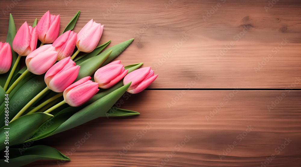 A gift of love a pink tulip bouquet on a wooden table A gift of love a pink tulip bouquet on a wooden table
