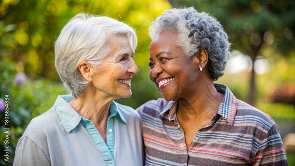 Happy adult lesbian lgbtq couple in love cuddling and smiling together on nature. Two stylish diverse pretty women hugging and bonding. multi race LGBT relationship lifestyle concept Happy adult lesbian lgbtq couple in love cuddling and smiling together on nature. Two stylish diverse pretty women hugging and bonding. multi race LGBT relationship lifestyle concept