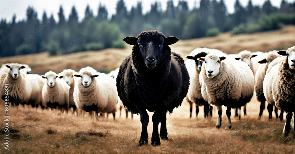 Black colour domestic sheep stand out between flocks of white sheep, concepts of individuality, uniqueness and leadership Black colour domestic sheep stand out between flocks of white sheep, concepts of individuality, uniqueness and leadership
