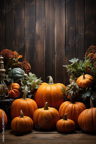 Thanksgiving pumpkins with space for text on brown wood background. Halloween and Holiday decoration