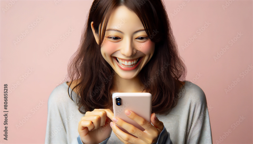 スマートフォンを見て驚き喜ぶ日本人女性 スマートフォンを見て驚き喜ぶ日本人女性