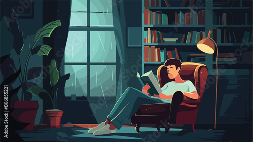 Young man with book sleeping in armchair at home vector