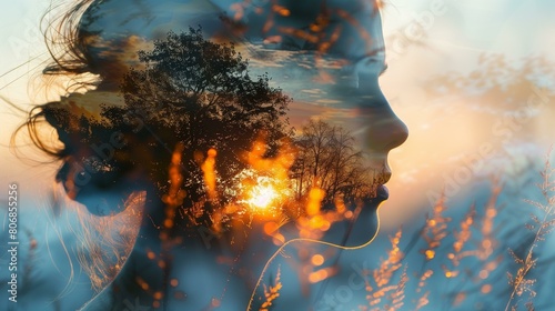 Sunset double exposure, tranquil womanly silhouette at sunset, untroubled undisturbed unruffled serene tranquil photo