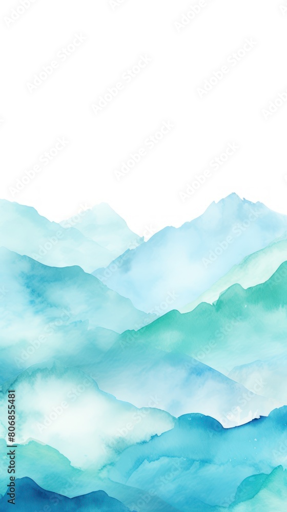 Turquoise tones watercolor mountain range on white background with copy space display products blank copyspace for design text photo website web 