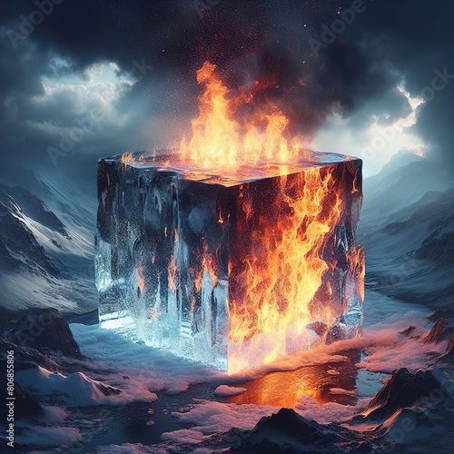 Ice in the form of a cube burns with a bright fire photo