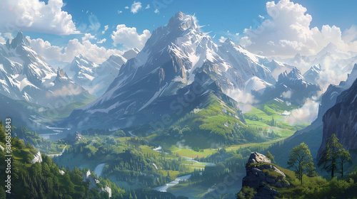 A serene mountain peak with a serene smile, overlooking a tranquil valley below.