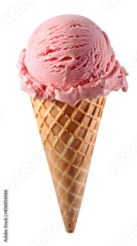 Strawberry Ice Cream on Waffle Cone Transparent Background 