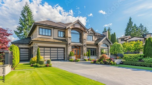 A large custom-built luxury home with a beautifully landscaped yard and driveway leading to a garage, located in the suburbs of Canada