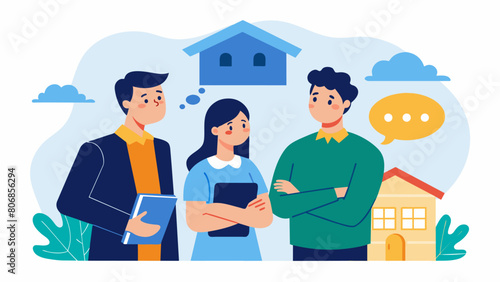 A couple shops for their first home together taking into account their shared student debt when discussing mortgage options.. Vector illustration