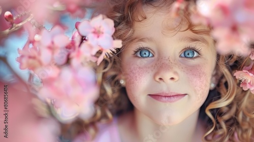  A tight shot of a young girl with blue eyes and freckled hair adorned with pink flowers