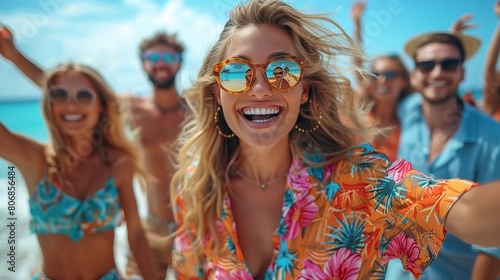 group of happy people dancing and enjoy party on the beach, wearing summer flower shirts