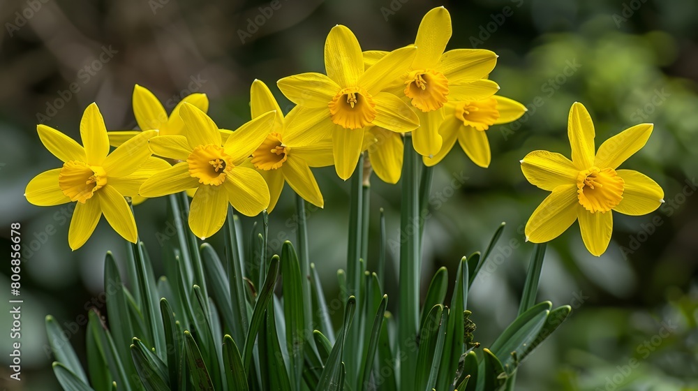 Obraz premium A foreground of yellow daffodils with green leaves, background softly blurred