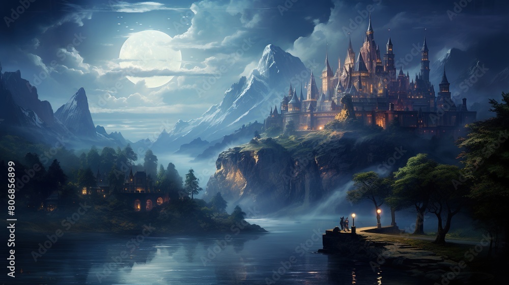 A fantastic castle on a high rock surrounded by water against the background of mountains on a moonlit night