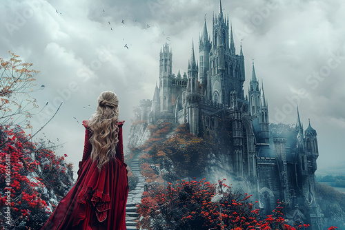 A girl in a red dress stands near a mysterious castle on a gloomy day