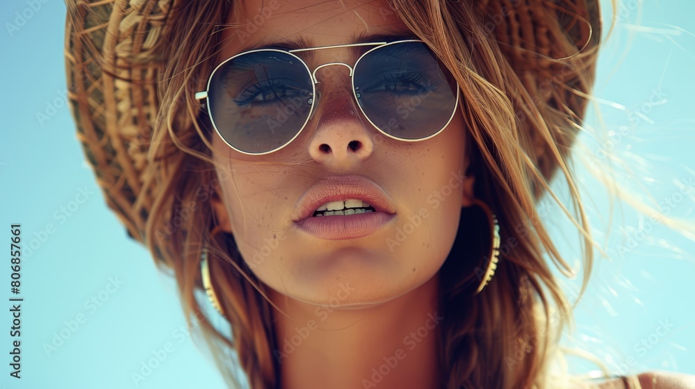 A woman wears a straw hat and sunglasses in a close-up shot Behind her is a clear blue sky A woman wears a straw hat and sunglasses in a close-up shot Behind her is a clear blue sky