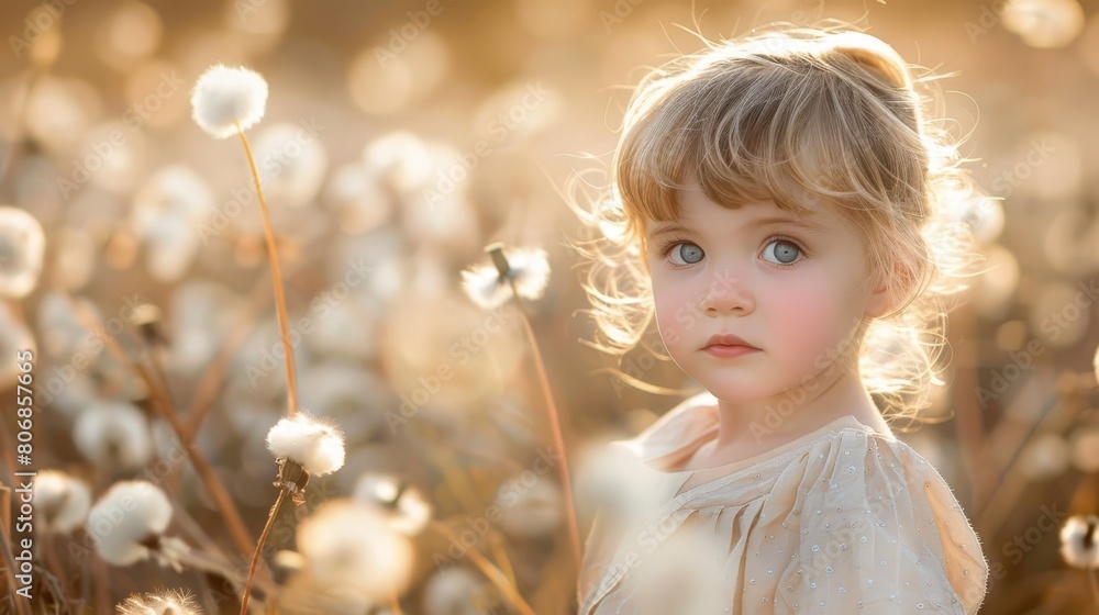 Fototapeta premium A little girl stands in a field of dandelions, gazing seriously at the camera