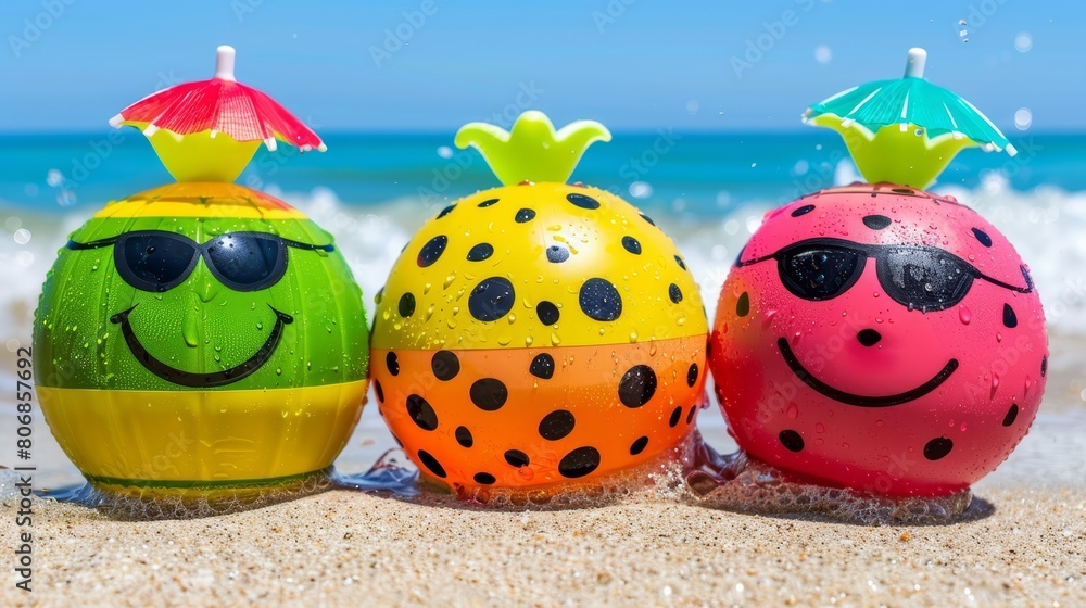 Naklejka premium Three inflatable balls, each adorned with face paintings, rest atop the sandy beach The vast ocean serves as a picturesque backdrop