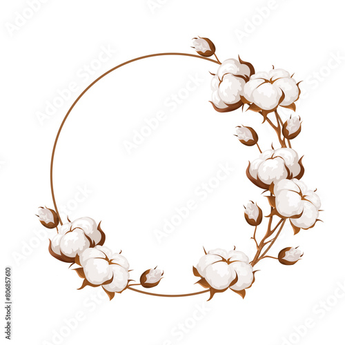 Wreath of fluffy dried cotton flowers isolated on white background. 