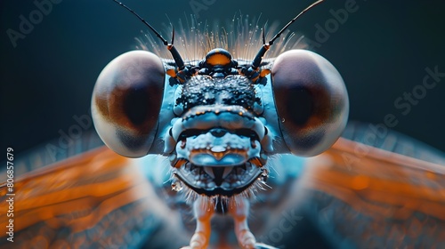 Extreme Close-Up of Damselfly's Striking Compound Eyes and Intricate Facial Features
