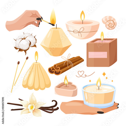 Cozy aroma candles collection for home interior with aromatic cinnamon sticks, dried cotton flower,vanilla pods and macthes isolated on white background.
