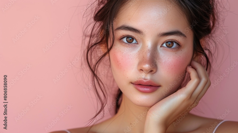 portrait of young beautiful woman of Asian appearance with pink blush on face on pink background portrait of young beautiful woman of Asian appearance with pink blush on face on pink background