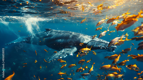An Image of Large Blue Whales Surrounded by Fish, Te Wha and Generative Ai

 photo