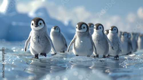 A row of baby penguins waddling clumsily across the icy terrain, their squishy faces and awkward movements evoking laughter and warmth. photo