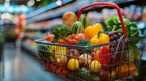 A wire shopping basket loaded with fresh, colorful food items, the blur of a grocery store setting behind, depicting a typical day of healthy food shopping