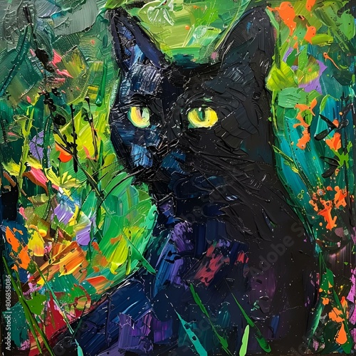 AI generated illustration of an oil painting of a black cat in a garden