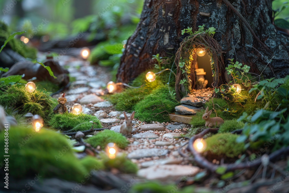 Obraz premium A miniature forest path using twigs, moss, and miniature trees. Line the path with fairy lights to create a magical, enchanted forest scene.