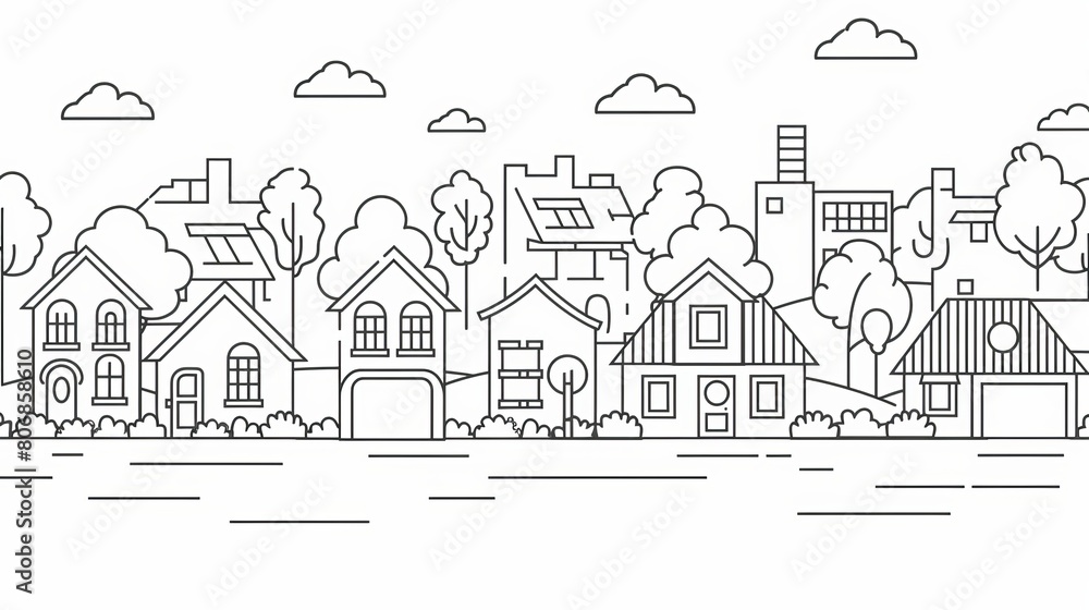 A village landscape featuring houses and trees in a suburban setting, designed in a thin line style vector illustration