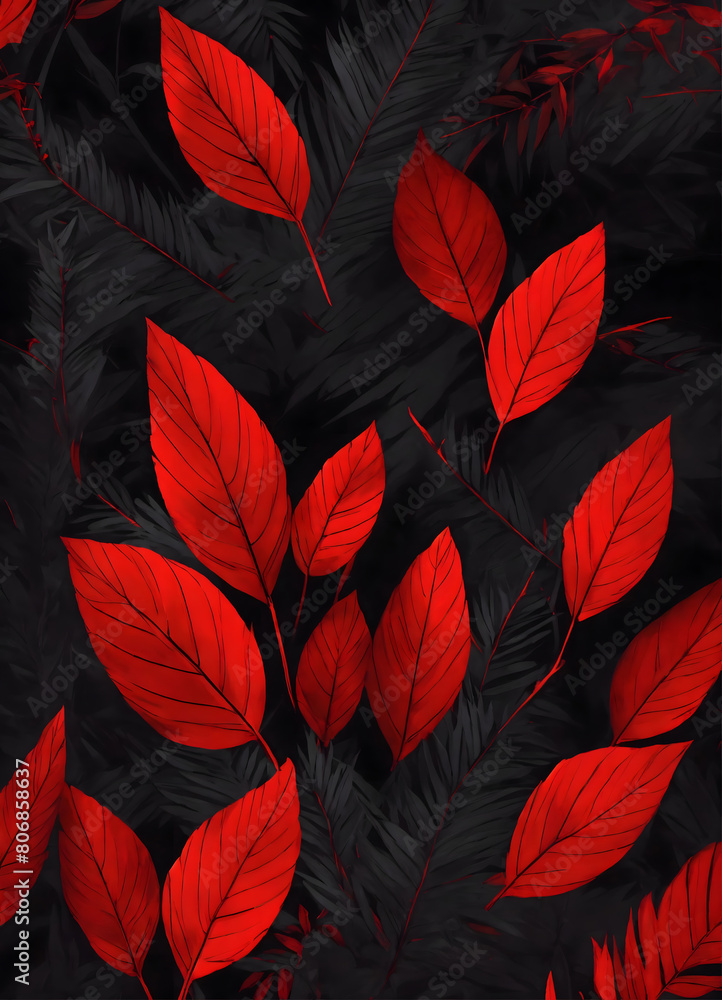 Big red leaves on black leaf in background, glowing colorful leaf nature pattern Big red leaves on black leaf in background, glowing colorful leaf nature pattern