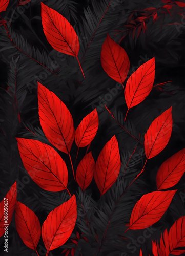 Big red leaves on black leaf in background  glowing colorful leaf nature pattern