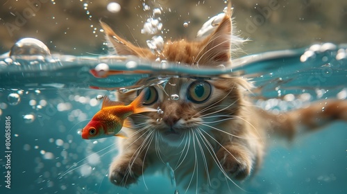 Playful Feline Underwater Encounter:Delighted Cat Catching Goldfish in Its Mouth with Oversized Joyful Eyes in Sunny Blue Waters description:This