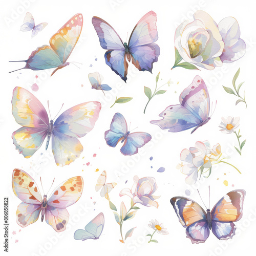 Colorful Butterfly Wings and Flower Petals on White Background, Vibrant Watercolor Illustration © YCX Azzo/榛甜颗栗设计