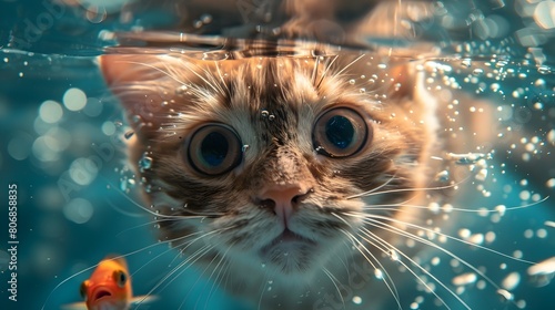 Delighted Cat Catching Goldfish Underwater in Blue Water © TEERAWAT